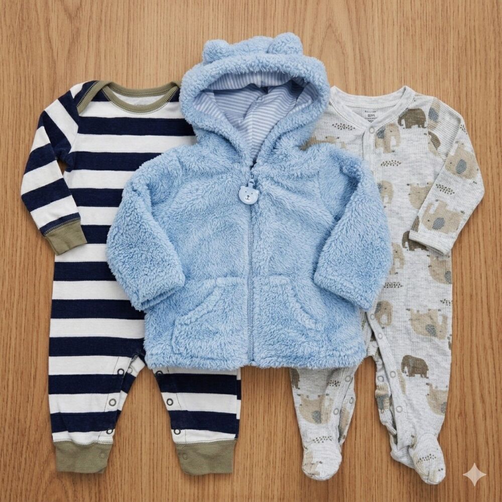 Carter's Baby Boy 9M Pajamas Romper Jacket Bundle 3-Piece Set Elephant Bear EUC